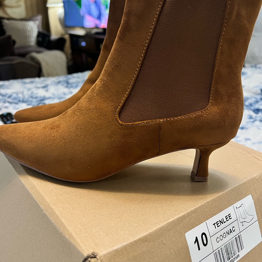 Journee Collection Cognac Suede Pointed Toe Kitten Heel Ankle Boots